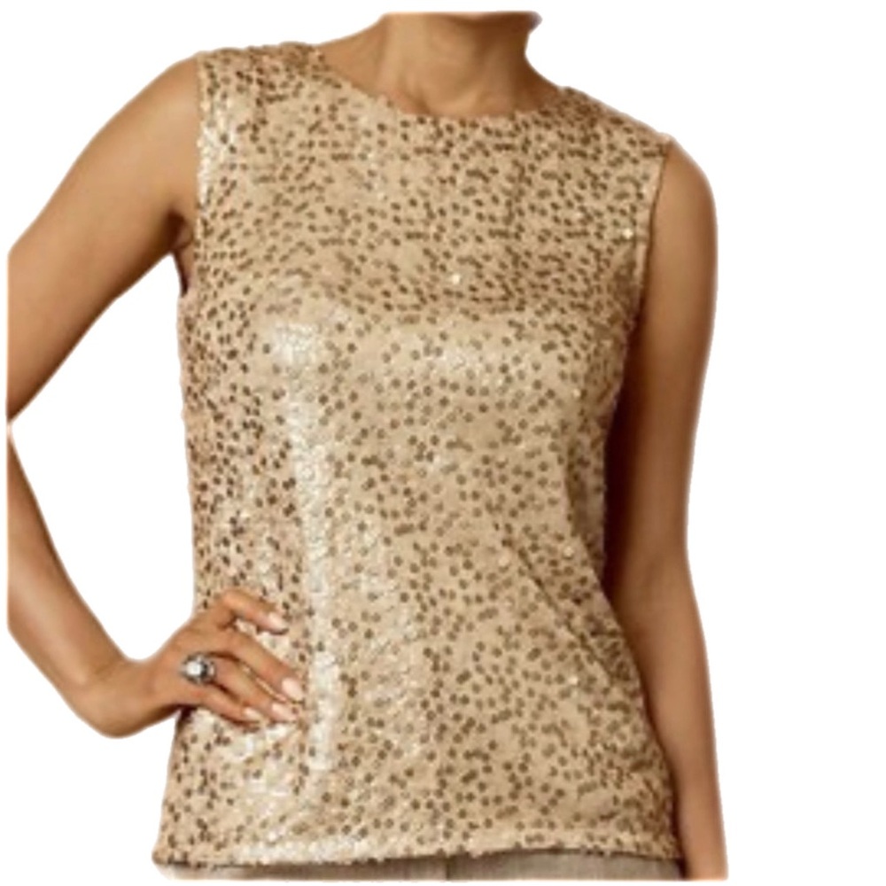 Lord & Taylor Sequin Wool Blend Formal Cami Knit Tank Top Tan/Gold Party Medium